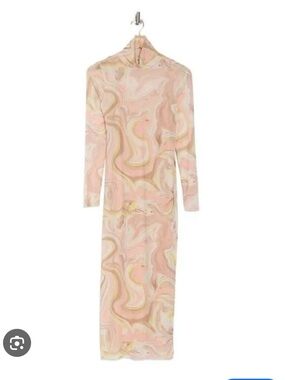 Long Sleeve Marble-Print Maxi Dress in Blush mesh light weight